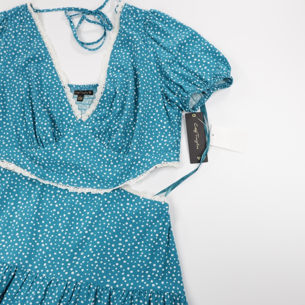 City Triangles Women's V Neck Puffed Sleeve Dot Woven Flare Dress Green Size L - Picture 4 of 9